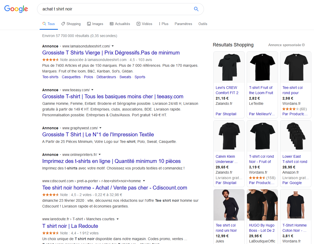 Exemple de référencement payant suite à la requête "achat t shirt noir"