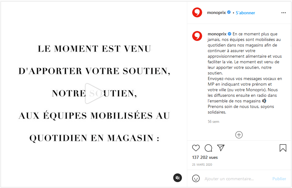 Monoprix - Post Instagram du 25/03/2020