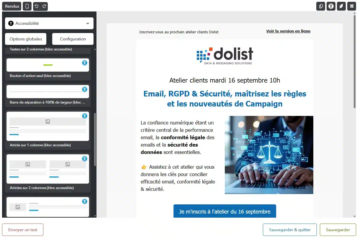 email builder campaign blocs accessibles