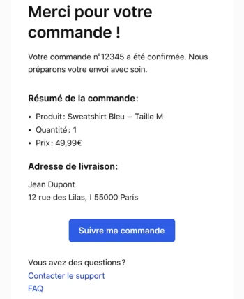 Exemple d'email transactionnel de confirmation de commande