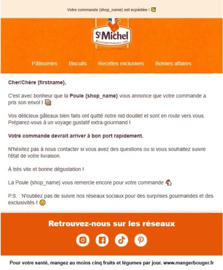 Exemple d'email transactionnel : confirmation expédition commande St Michel