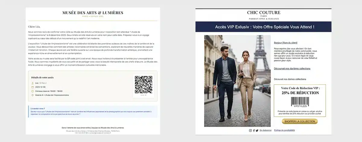 Exemples d'emails comportant un Qr code et un code barre