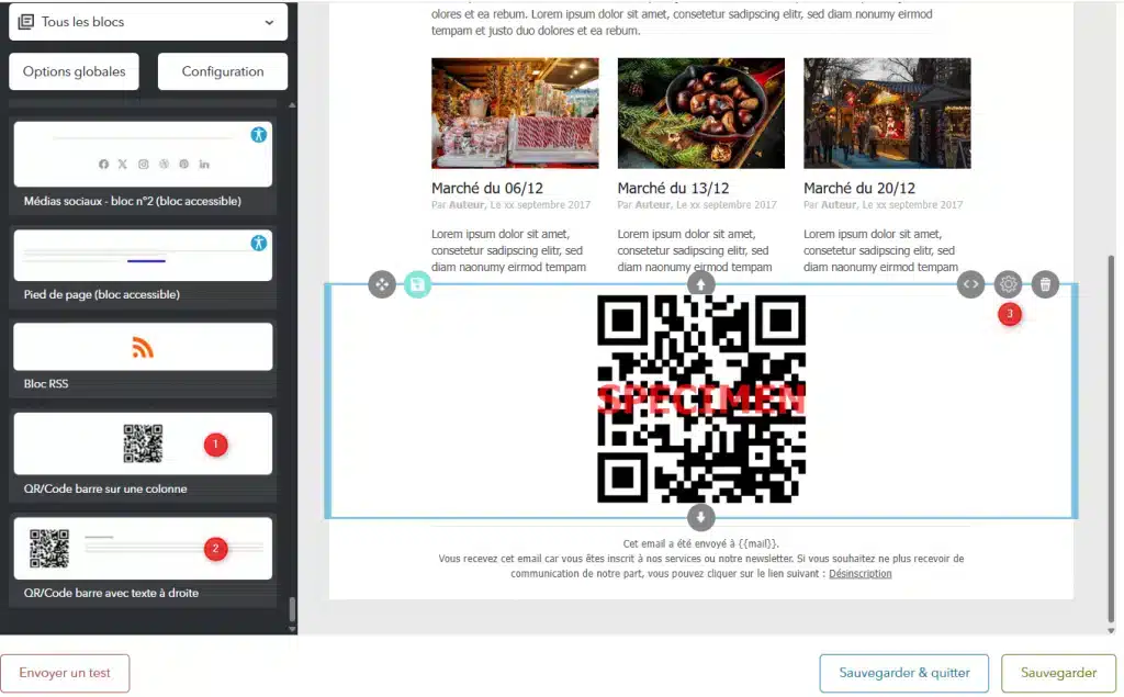 Blocs de contenu QR/code-barre dans l'email builder de Campaign