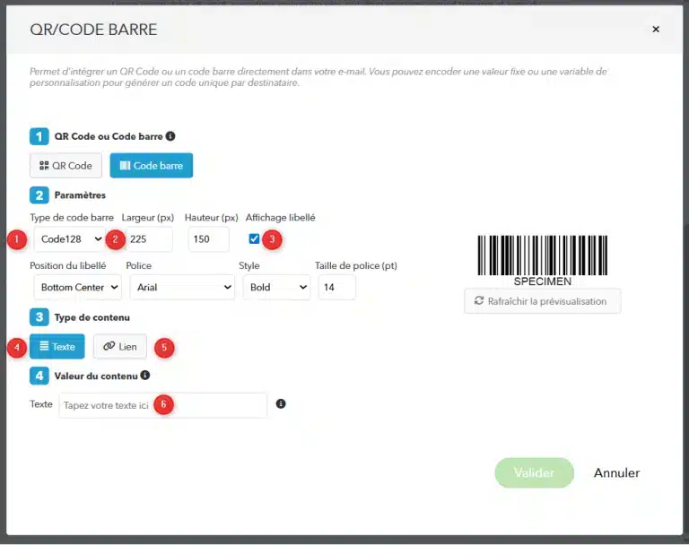 configuration d'un code barre dans l'email builder de Campaign